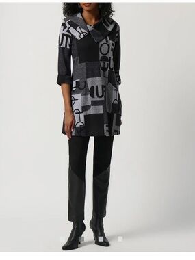Joseph Ribkoff Black and Gray  Mixed Media Graphic Knit Tunic Top